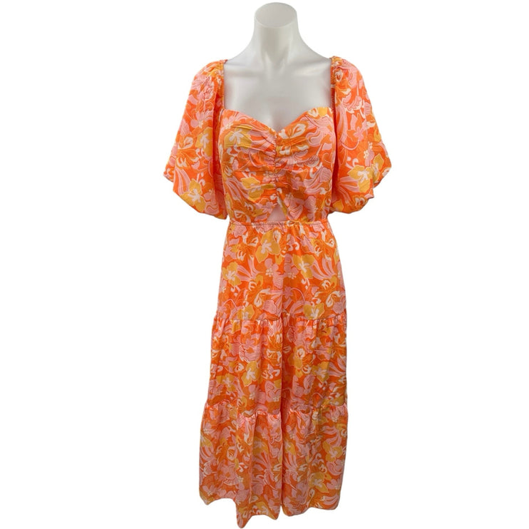 NEW BTFBM Orange Pink Floral Tropical Ruched Puff Sleeve Tiered Maxi Dress XXL