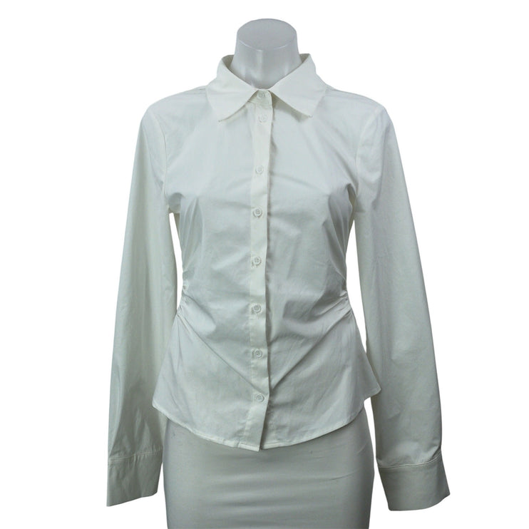 All The Ways Women's White Ruched Long Sleeve Collared Button Down Shirt Top S