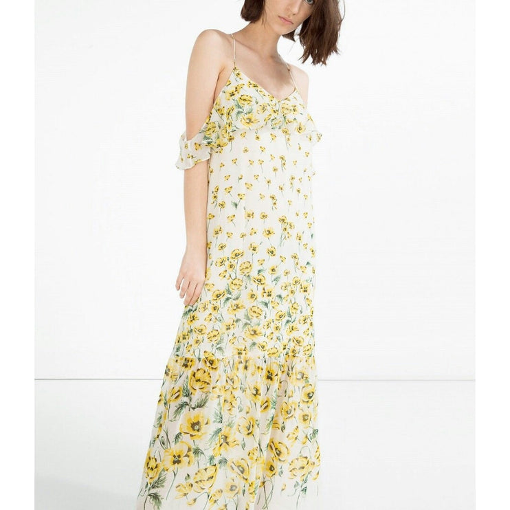 Zara White Yellow Cold Shoulder Floral Scoop Neck Cami Cross Back Midi Dress S