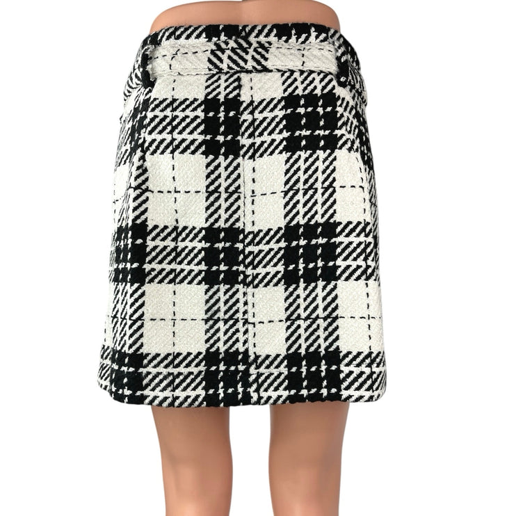 Zara Black White Tweed Plaid Checkered Zip Up Belted Mini Pencil Skirt Size M