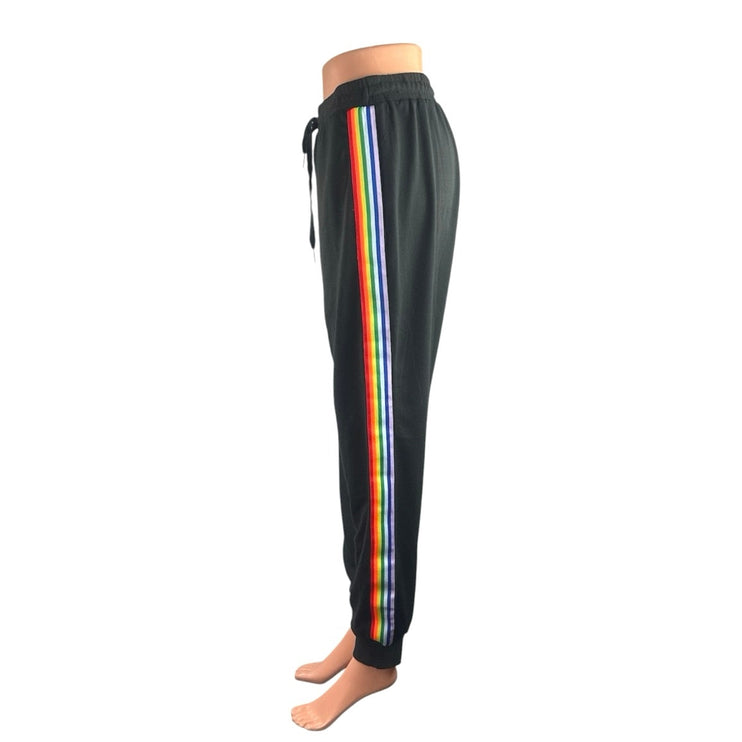 Women's Black Side Stripe Yoga Gym Athletic Activewear Jogger Trousers Pants L