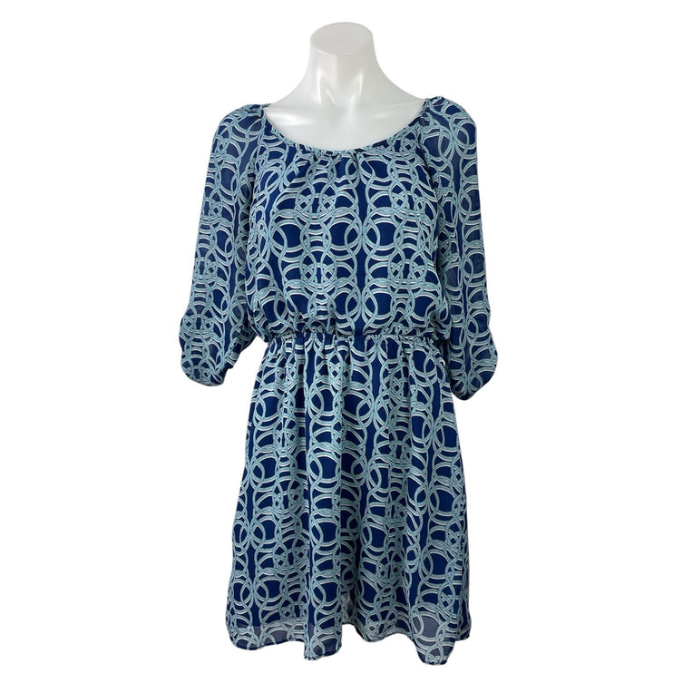 Charming Charlie Blue Geometric 3/4 Sleeve Scoop Neck Mini Blouson Dress Size S