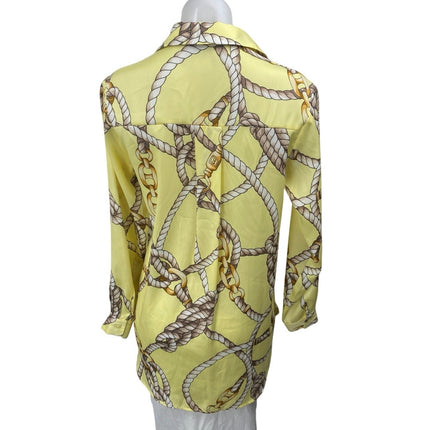 Zara Women's Yellow Silky Satin Rope Print Long Sleeve Button Down Shirt Size XS