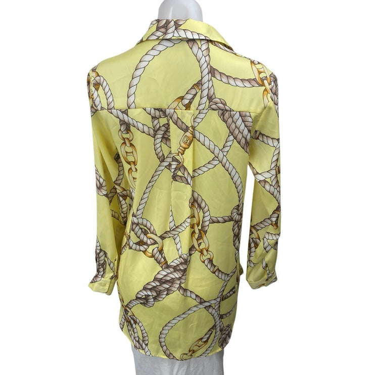 Zara Women's Yellow Silky Satin Rope Print Long Sleeve Button Down Shirt Size XS