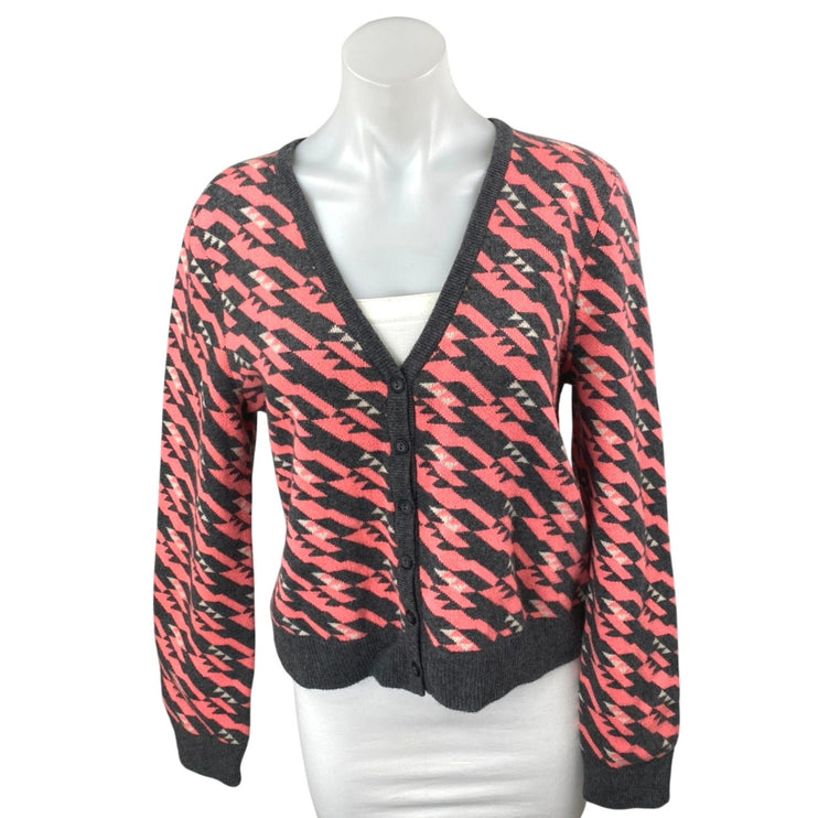 Aqua Red Black 100% Cashmere Geometric Long Sleeve Button Up Cardigan Sweater L