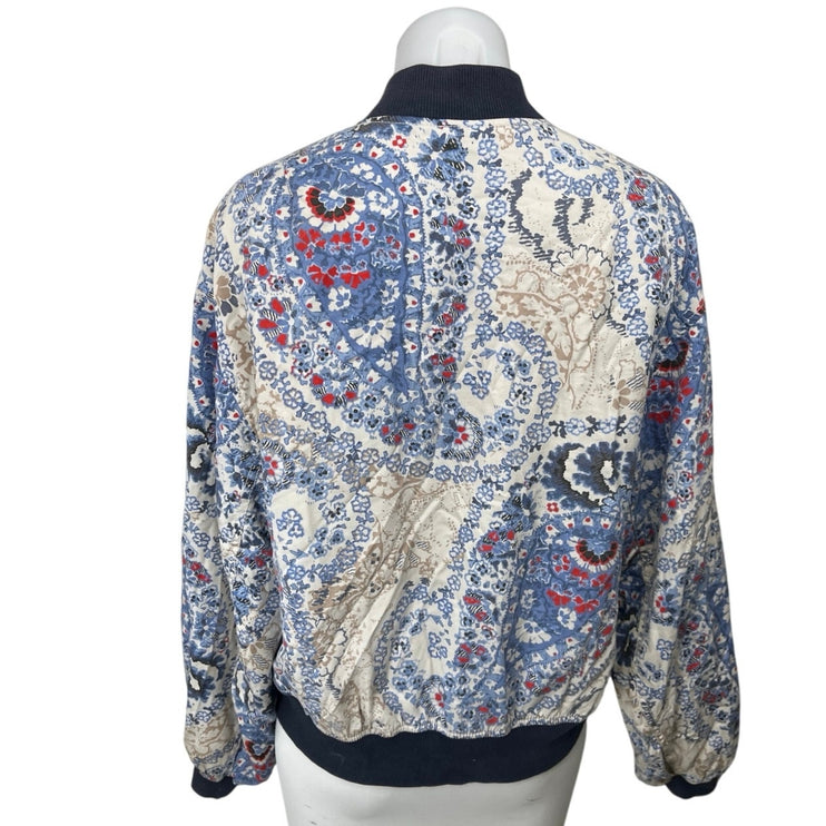 Free People Women's Blue Multicolor Paisley Zip Up Quilted Bomber Coat Jacket S