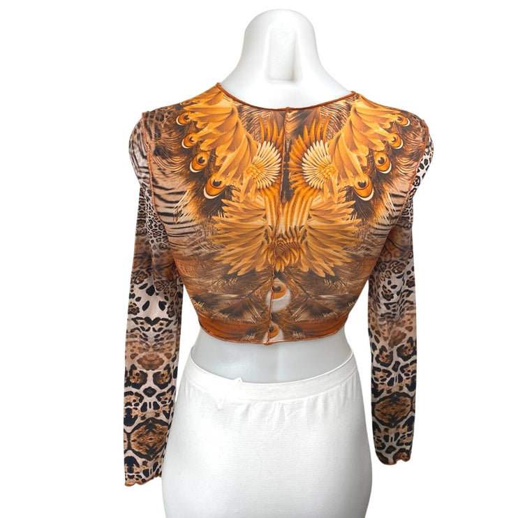 Tiger Mist Multicolor Cheetah Leopard Animal Print Long Sleeve Crop Top Size XS