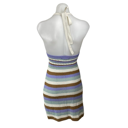 No Comment Multicolor Striped Knit Halter Backless V Neck Mini Bodycon Dress S