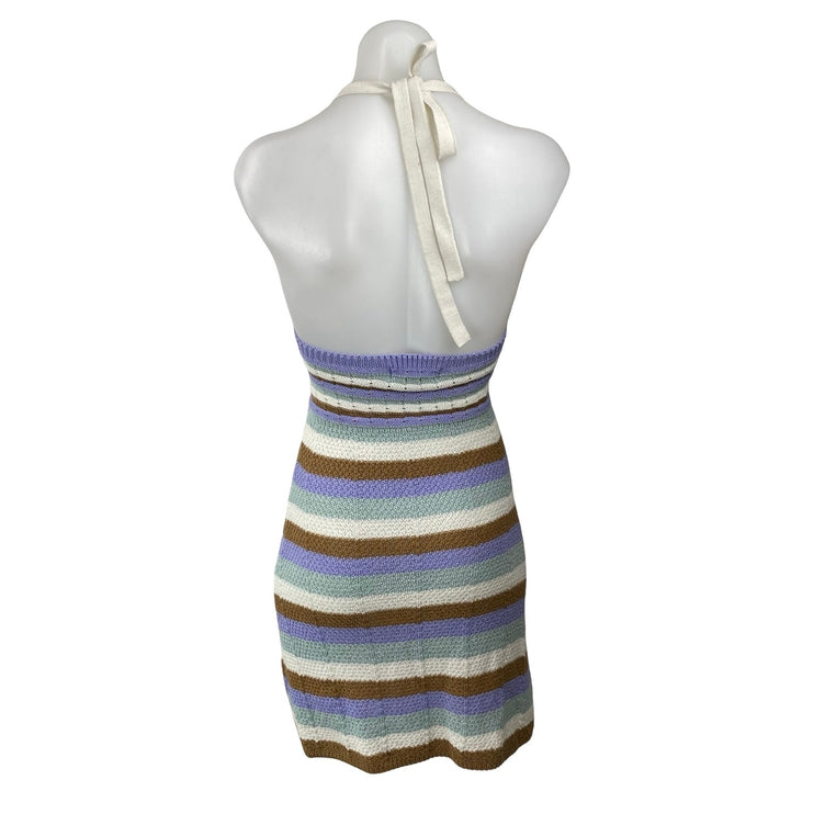 No Comment Multicolor Striped Knit Halter Backless V Neck Mini Bodycon Dress S