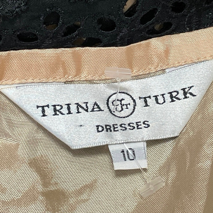 Trina Turk Black Beige Floral Lace Overlay Sleeveless Fit & Flare Midi Dress 10
