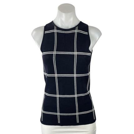 Ann Taylor Black Plaid Window Pane Check Sleeveless Knit Blouse Top Size XS