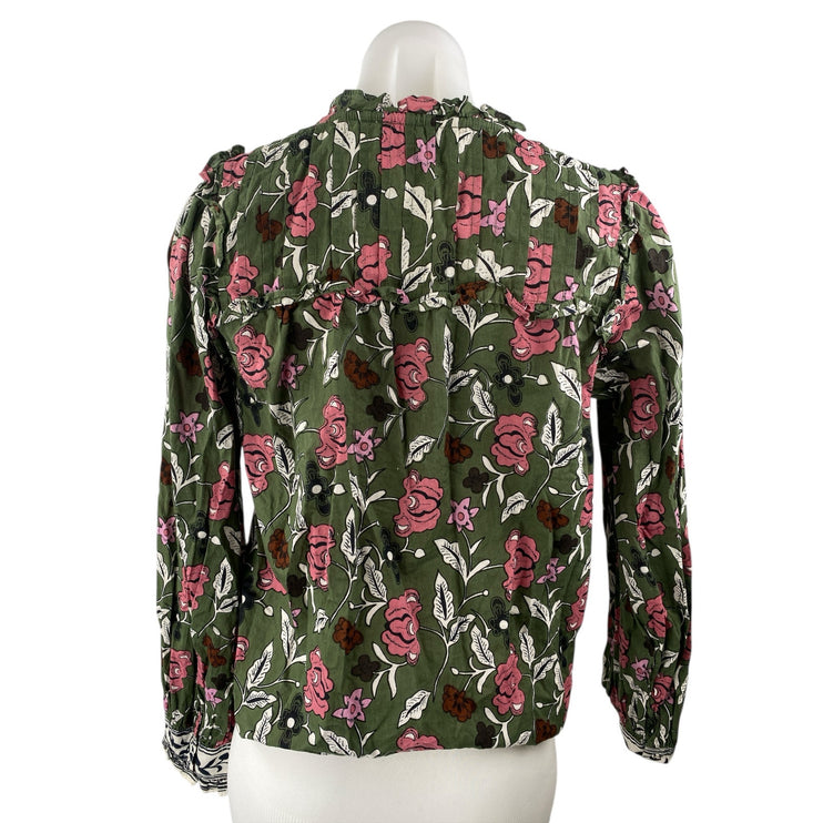 Cleobella Women;s Multicolor Floral Print Tie V-Neck Long Sleeve Blouse Top S