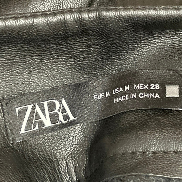 Zara Women's Black Faux Leather Button Down Pleated Low Rise Mini A-Line Skirt M