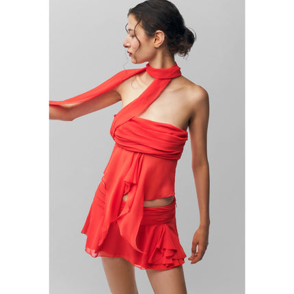 NEW Danielle Guizio Red Poppy Chiffon Wrap Around Ruffle Drape Crop Top Size XS