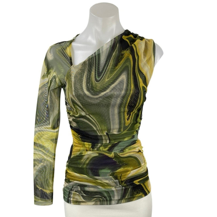 Zara Marble Mesh Tulle Ruched Asymmetric One Shoulder Long Sleeve Blouse Top S