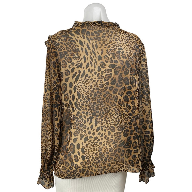 Commense Brown Ruffle Leopard Print Long Sleeve Button Down Peasant Blouse Top M