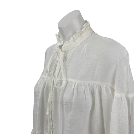 Zara Women's White Long Sleeve Ruffle Mock Neck Tiered Tie Blouse Top Size S