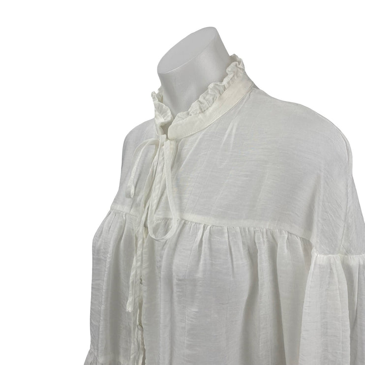 Zara Women's White Long Sleeve Ruffle Mock Neck Tiered Tie Blouse Top Size S