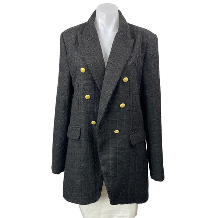 Jason Wu Women's Black Long Sleeves Tweed Double Breasted Blazer Coat Jacket L
