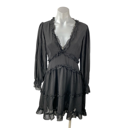 NEW Jus de Pom Black Long Sleeve V Neck Tiered Ruffle Mini A-Line Dress Size S/M