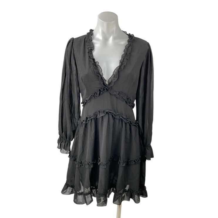 NEW Jus de Pom Black Long Sleeve V Neck Tiered Ruffle Mini A-Line Dress Size S/M