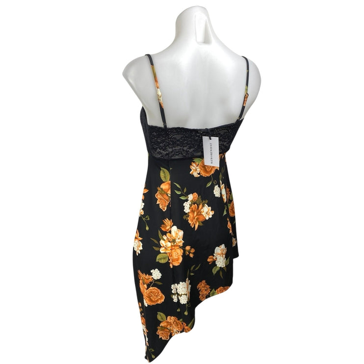 NEW WeWoreWhat Black Floral Lace Sleeveless Asymmetric Cami Mini Slip Dress S