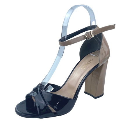Hotic Black Patent Leather Ankle Strap Block High Heels Dress Sandals Size 8.5