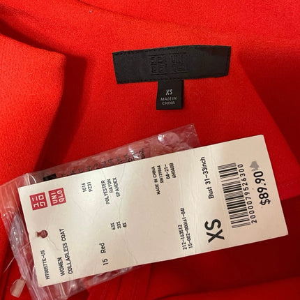 NEW Uniqlo Women's Red Long Sleeve Pocket Midi Collarless Coat Jacket Size XS