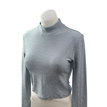Reformation Bailey Women's Blue Glitter Mock Neck Long Sleeve Crop Top Size M