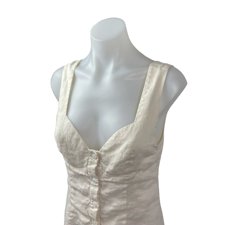 Sancia Beige 100% Linen Sleeveless Sweetheart Button Up Tank Shirt Midi Dress M