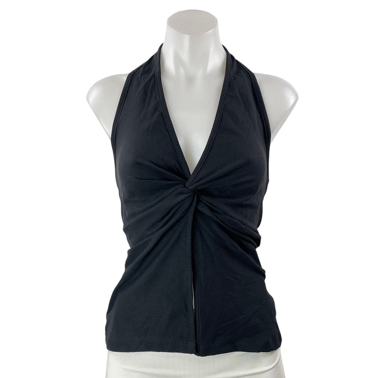 Kookai Women's Black Ribbed Knit Halter Twist Front V Neck Blouse Top Size 8