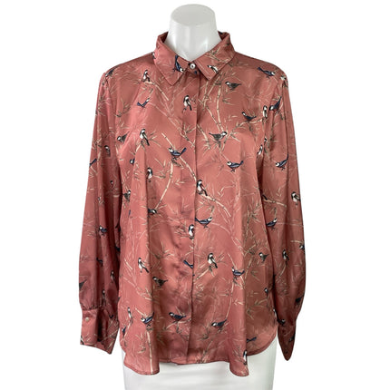 Zara Womens Brown Silky Satin Bird Print Long Sleeve Button Down Shirt Top Sz XL