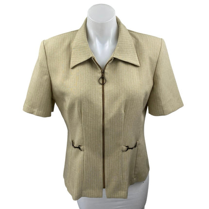 Pride & Joy Women's Beige Tan Pinstriped Zip Up Short Sleeve Blazer Blouse Top 8