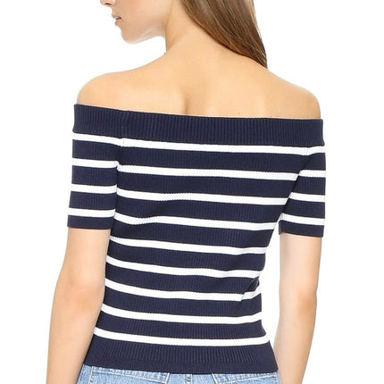 Sunday Stevens Navy Blue White Off The Shoulder Striped Knit Sweater Top Size L