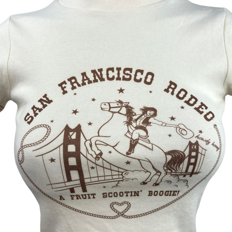 FruitFace Cream Brown San Francisco Rodeo Graphic Baby Tee Crop Top T Shirt Sz S