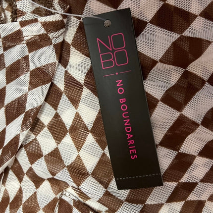 NEW No Boundaries Brown White Gingham Check Illusion Button Down Shirt Top S