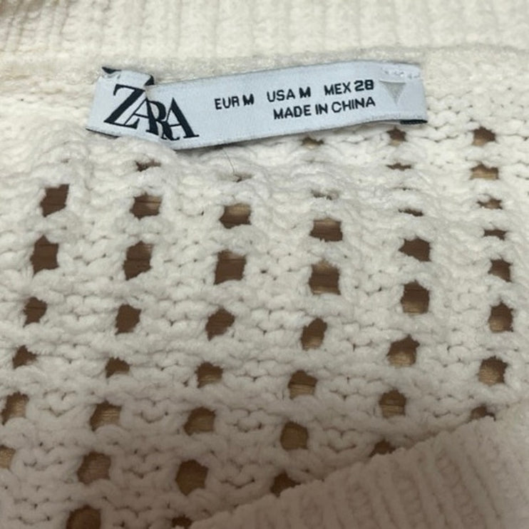 Zara Cream Long Sleeve Open Knit Relaxed Fit Sweatshirt Sweater Top Size M