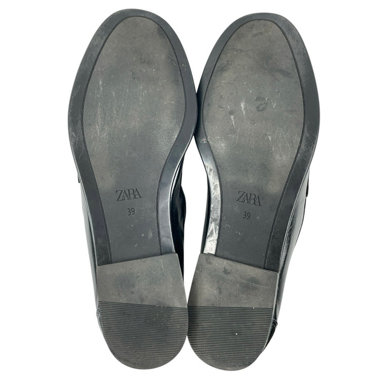 Zara Women's Black Ruched Gathered Leather Slip On Penny Loafer Flat Shoes Sz 39