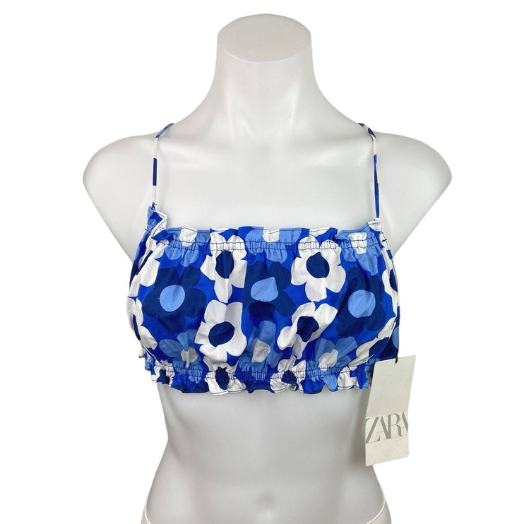 Zara Women's Blue Floral Print Spaghetti Strap Lace Up Back Crop Top Size XS