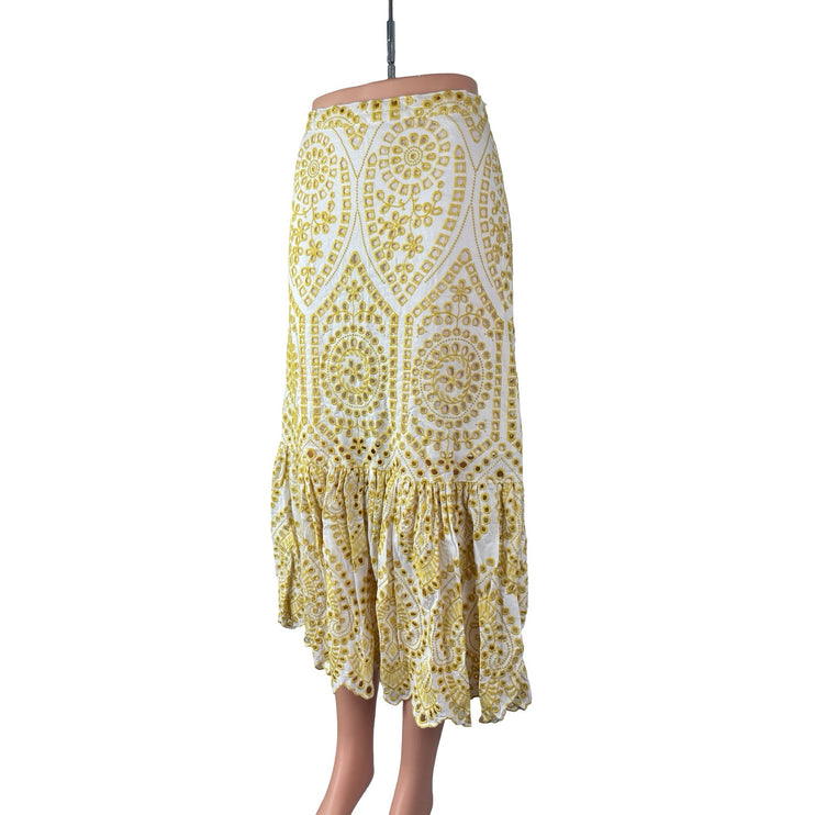 Minkpink Krista Women's Yellow Eyelet Embroidery Ruffled Midi A-Line Skirt Sz S
