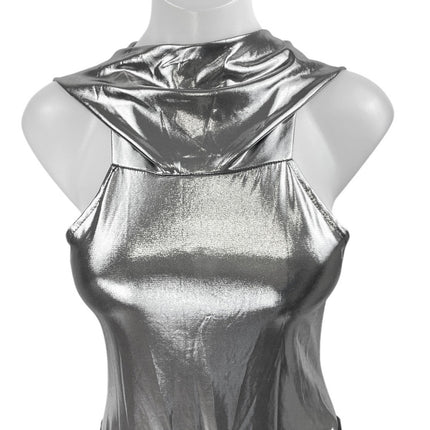 Women's Silver Gray Metallic Sleeveless Hooded Hoodie Bodysuit Tank Top Size S