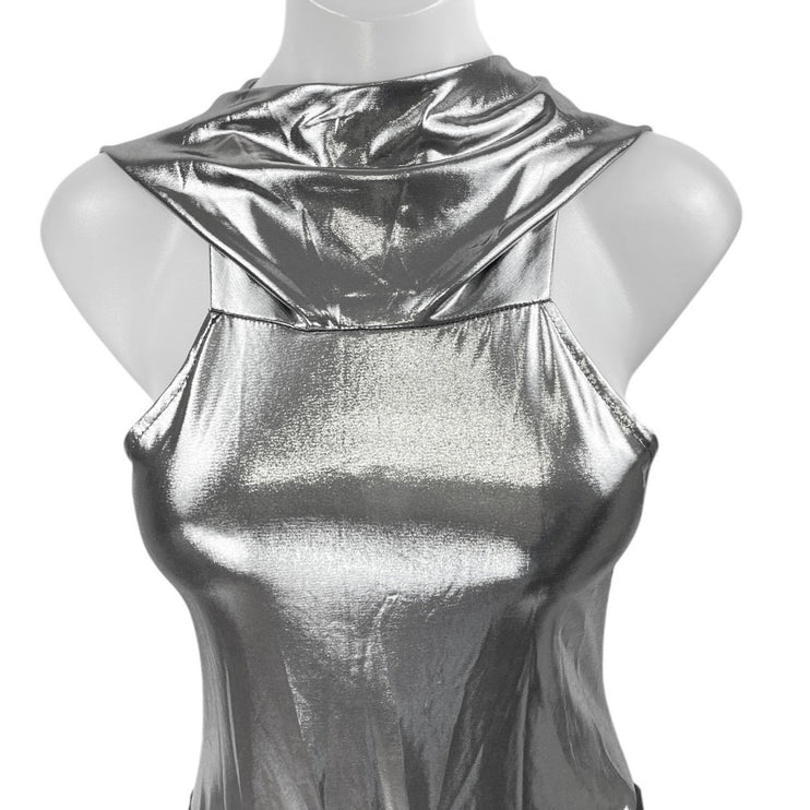Women's Silver Gray Metallic Sleeveless Hooded Hoodie Bodysuit Tank Top Size S