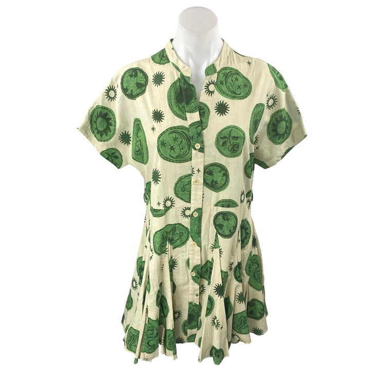 Zara Green Multicolor Printed Pleated Short Sleeve Button Down Shirt Dress Sz S