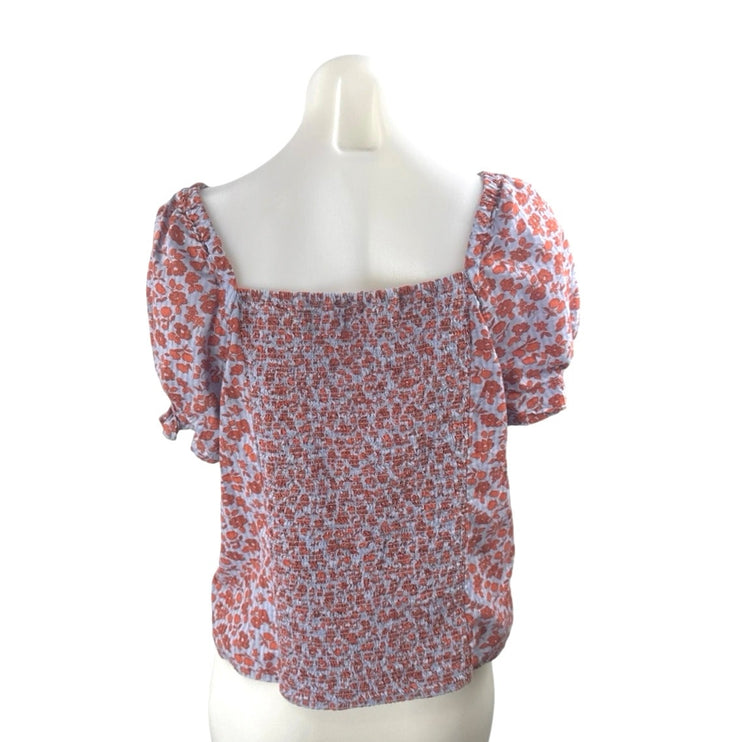 Madewell Women's Multicolor Floral Smocked Short Sleeve Button Up Blouse Top 8