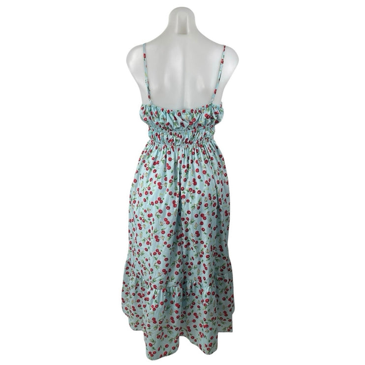 Aqua Blue Red Cherry Print Sleeveless Cami Tiered Pocket A Line Midi Dress Sz M