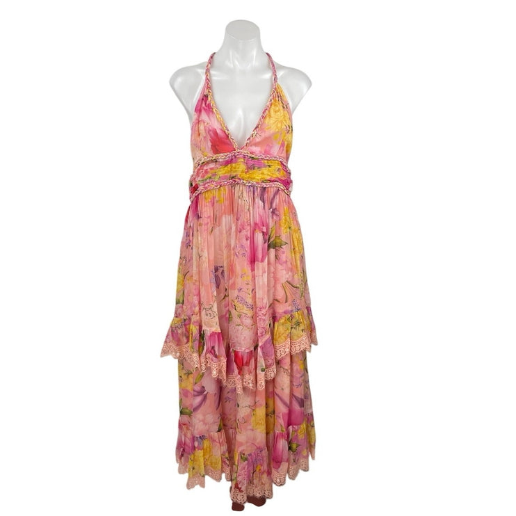 Rococo Sand Leona Floral Braided Ruffled Layered Midi Cami Tank A-Line Dress XL