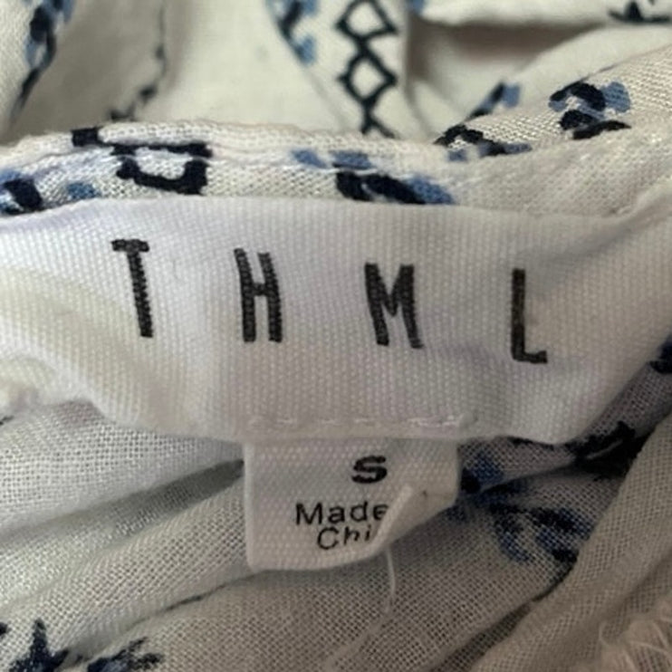 THML Bogo White Blue Striped Embroidered Short Flutter Sleeve Blouse Top Size S