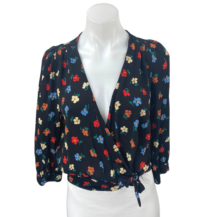 Madewell Women's Black Floral Print Long Puff Sleeve V-neck Wrap Blouse Top Sz M