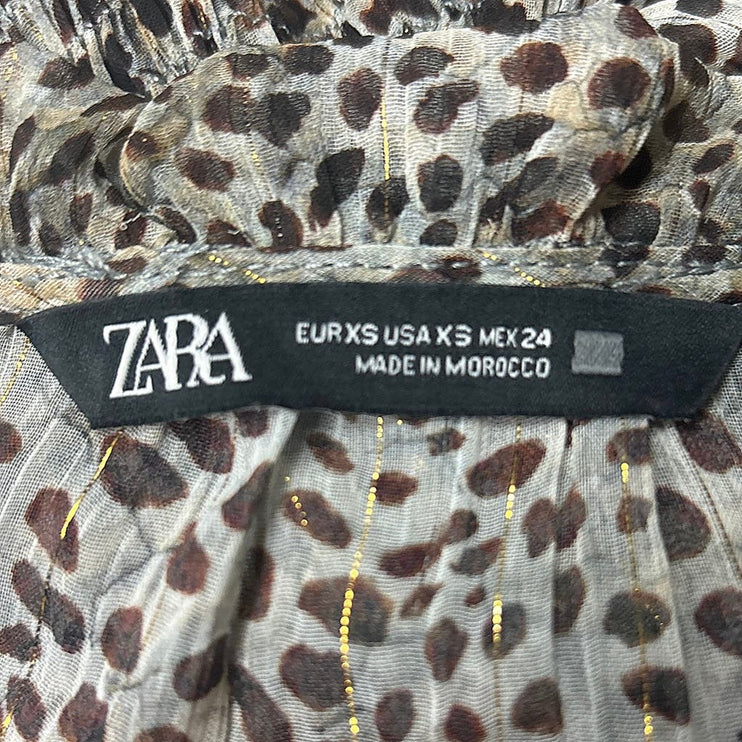 Zara Brown Tan Leopard Animal Print Front Keyhole Ruffle Tiered Mini Dress Sz XS