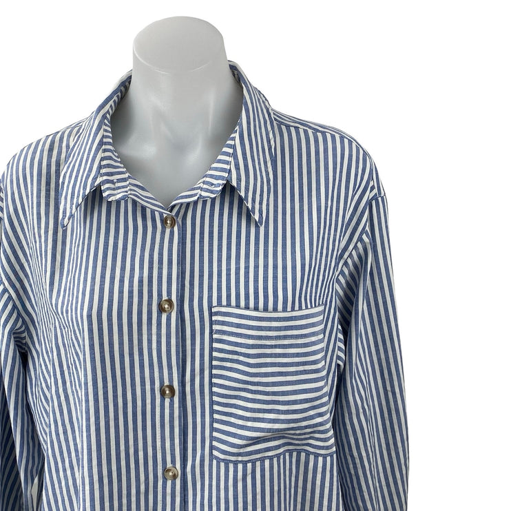 By Together Women's Blue Striped Pocket Long Sleeve Button Down Shirt Top Size S